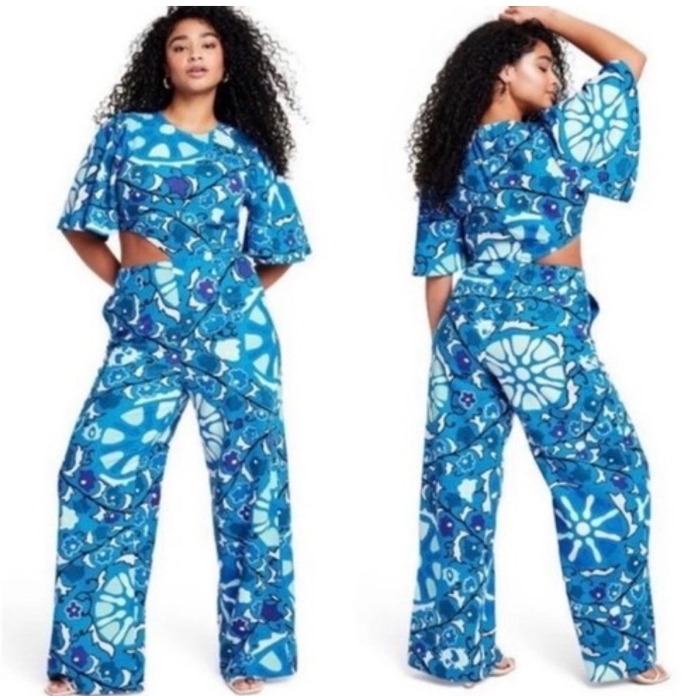 RHODE X Target Blue Floral Linen Blend Short Sleeve Wide Leg Jumpsuit Small